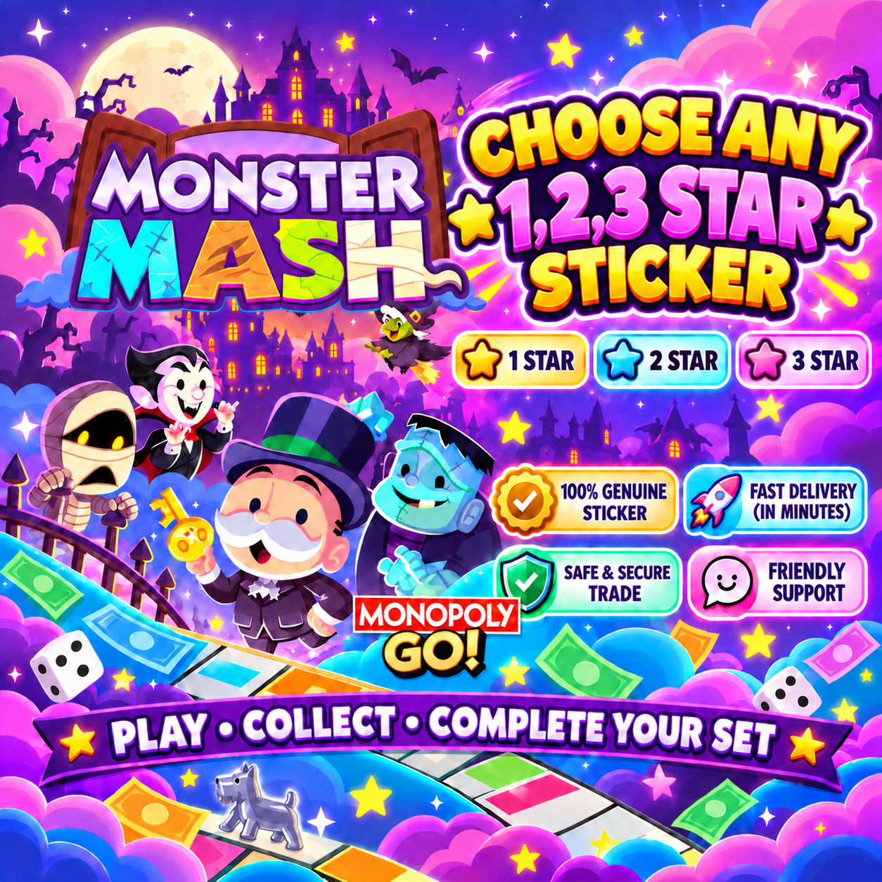 1 x Monopoly Go any 1,2,3⭐️ star sticker (INSTANT SEND)