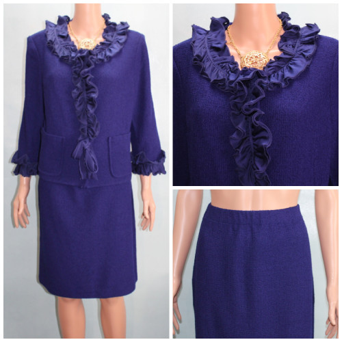St John Knits Jacket Skirt Size 14 12 Purple Blue 2pc Suit Ruffle Trim Pockets