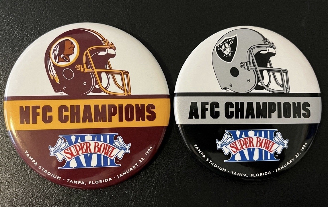 Vintage 1984 Super Bowl XVIII Pinback Button Set Raiders Redskins AFC NFC Champs