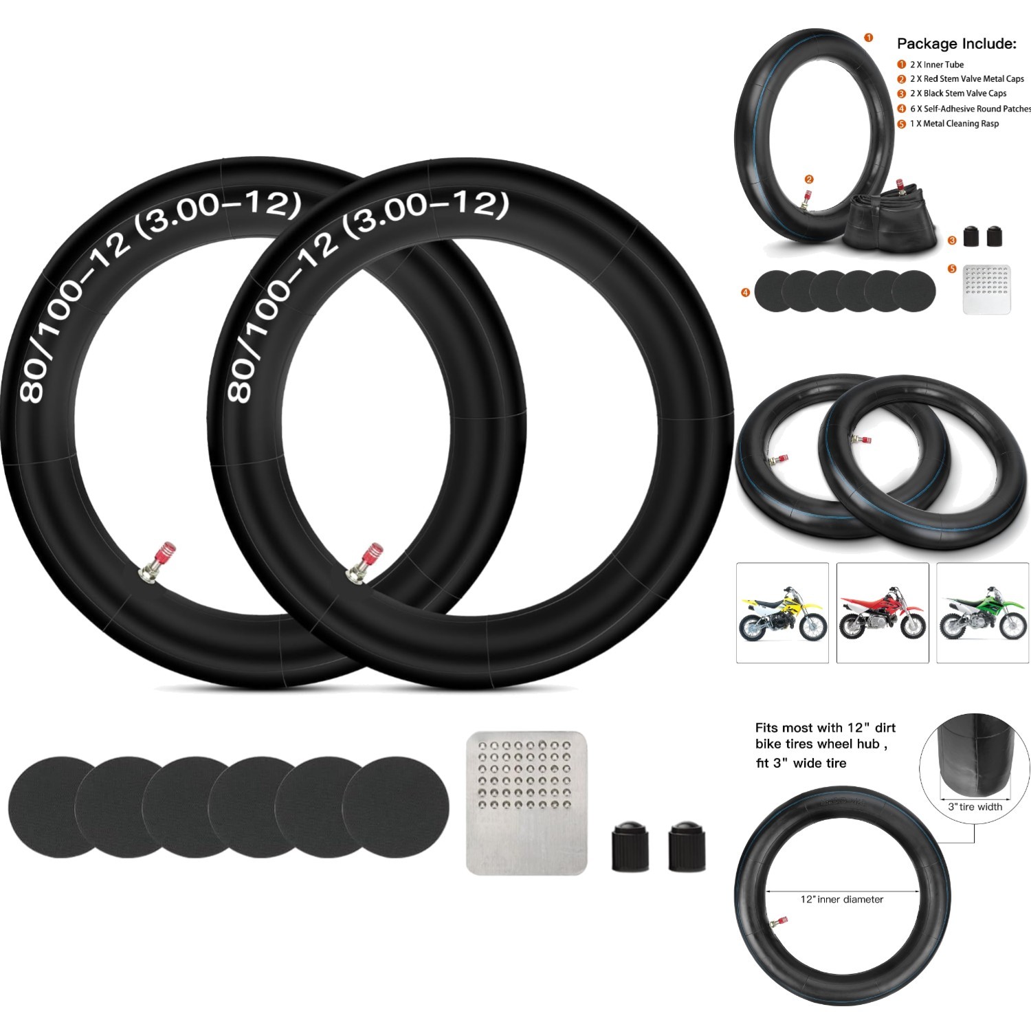 2-Pack 3.00-12 80/100-12 Rear Inner Tube Pit Dirt Bike Heavy Duty Straight Valve