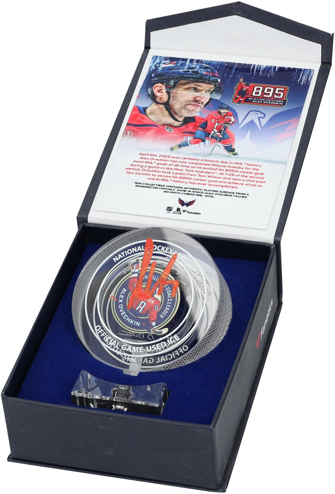 Alex Ovechkin Washington Capitals Signed 895th Goal Crystal Puck - Filled w/Ice
