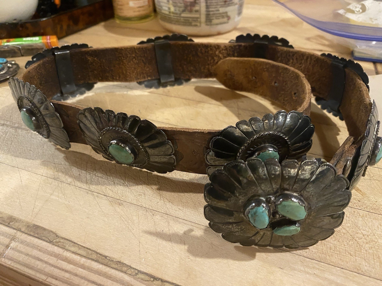 Vintage Heavy silver Belt w/ Turquoise Conchos, Size 30 Vintage Heavy silver Belt w/ Turquoise Conchos, Size 30
