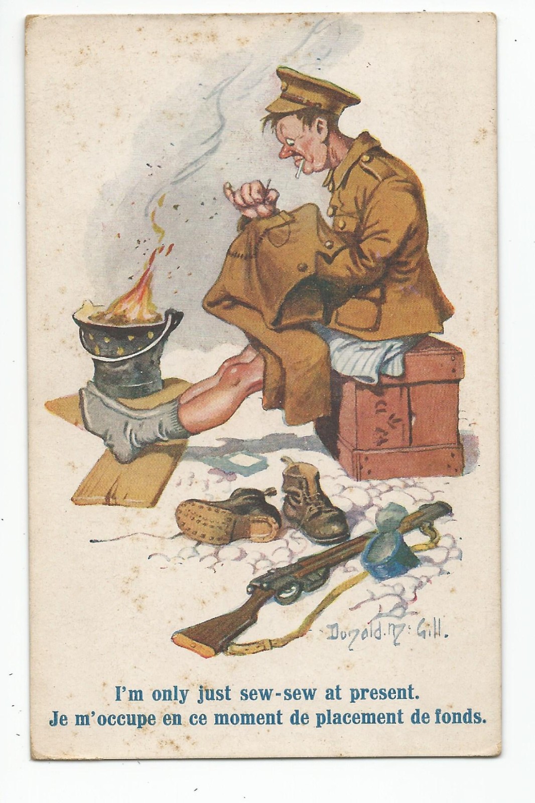 Humor Postcard: Soldier sewing military pants; Donald McGill; French caption