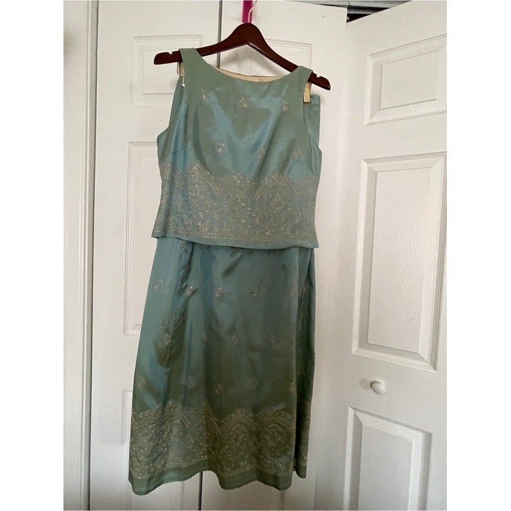 J.R. Nites Vintage 2 Piece Midi Dress Set Seafoam Green Embroidered Satin/Petite