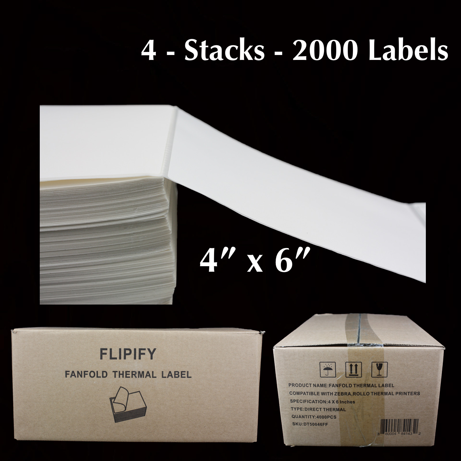 2000 4x6 Fanfold Direct Thermal Shipping Labels for Zebra & Rollo Printers 