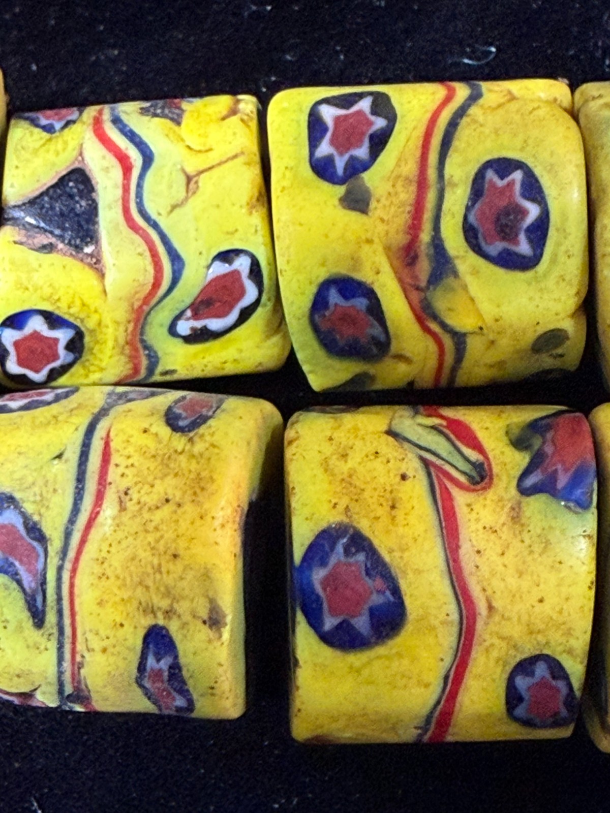Authentic Antique 19thC Venetian Greasy Mustard Yellow Millefiori Beads 13pc