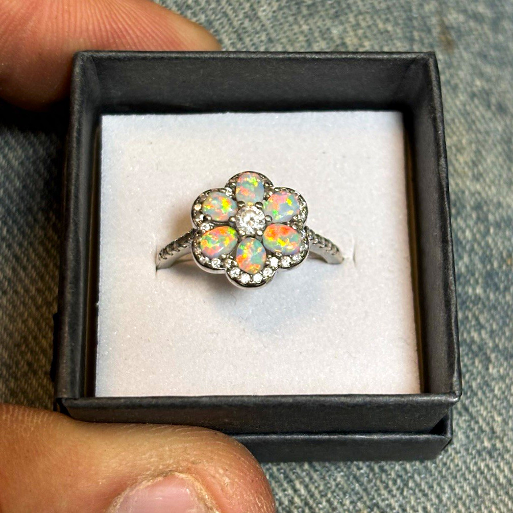 925 handmade, handcut Oval Opal Flower Cluster Cocktail Ring w/ Crystal, Silver 925 handmade, handcut Oval Opal Flower Cluster Cocktail Ring w/ Crystal, Silver