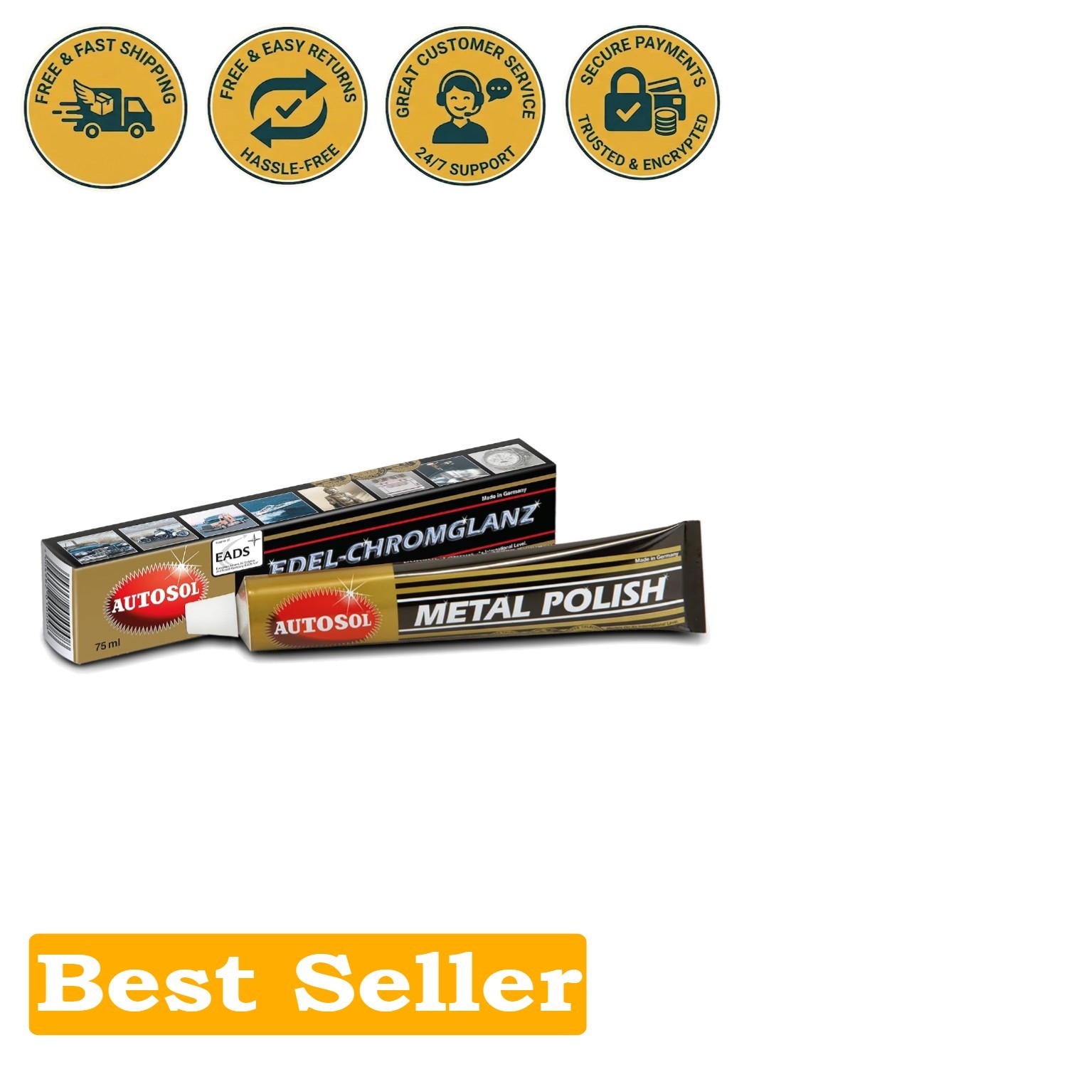 Luxury Metal Polish 75ml - Cleans & Protects Chrome, Brass, Copper Surfaces