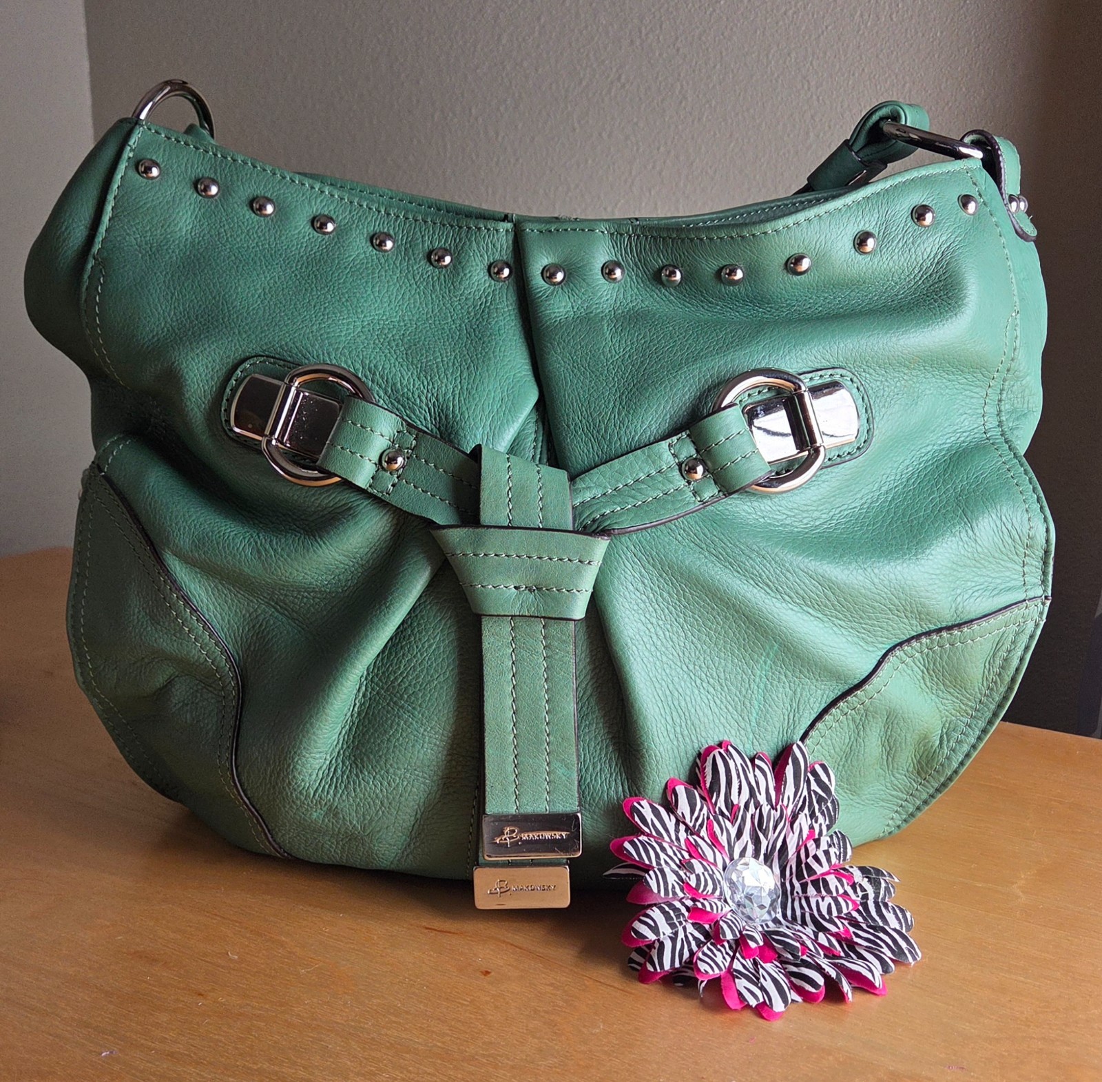 B. Makowsky Teal Green Pebbled Leather Hobo Shoulder Bag Studded Satchel Purse B. Makowsky Teal Green Pebbled Leather Hobo Shoulder Bag Studded Satchel Purse