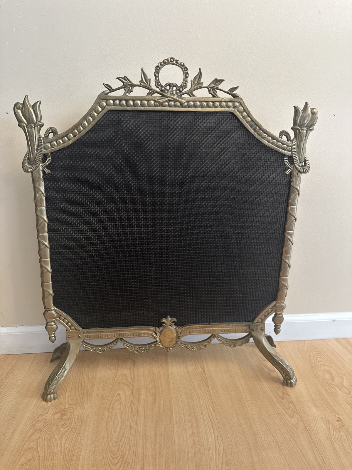 Vintage French Louis XVI Empire Style Ornate Solid Brass Fireplace Screen