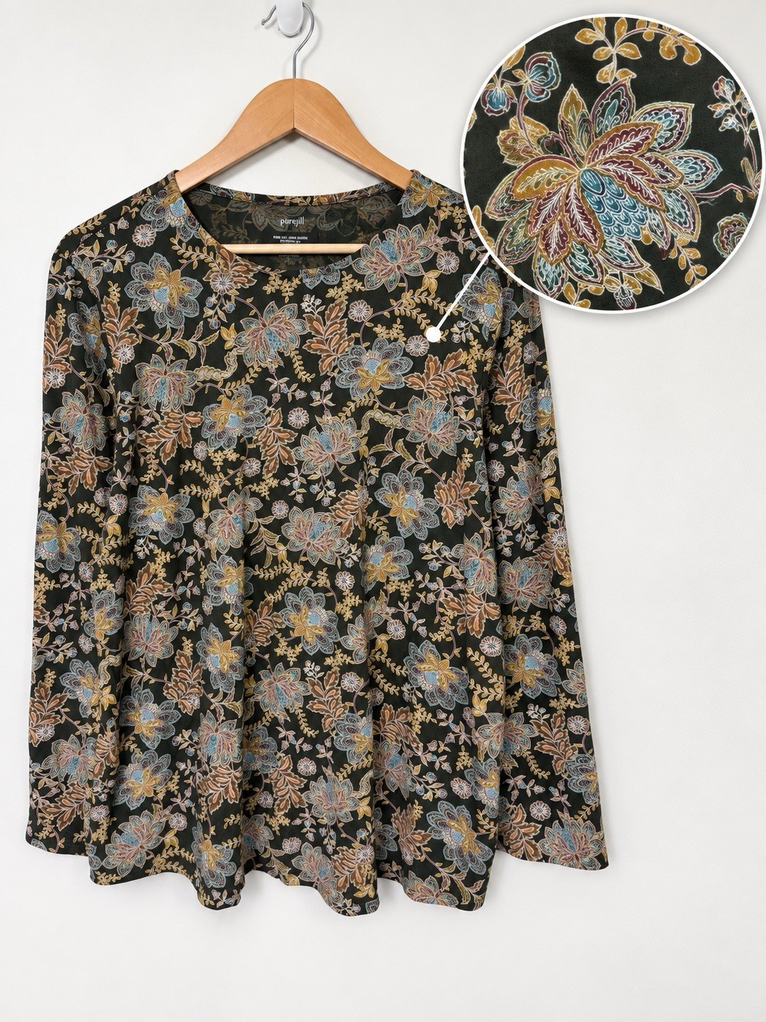 J Jill Top Womens Floral Green Large Long Sleeve Shirttail Tee Cotton Large Fall