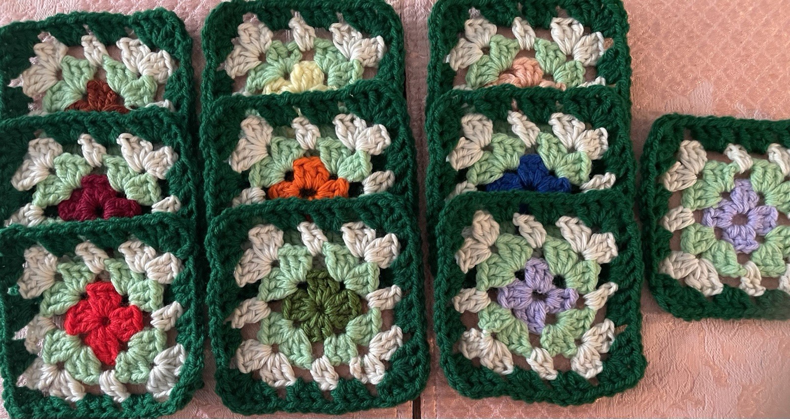 Offering 10 -5” HandCrochet GRANNY  SQUARES BLOCK Green Border