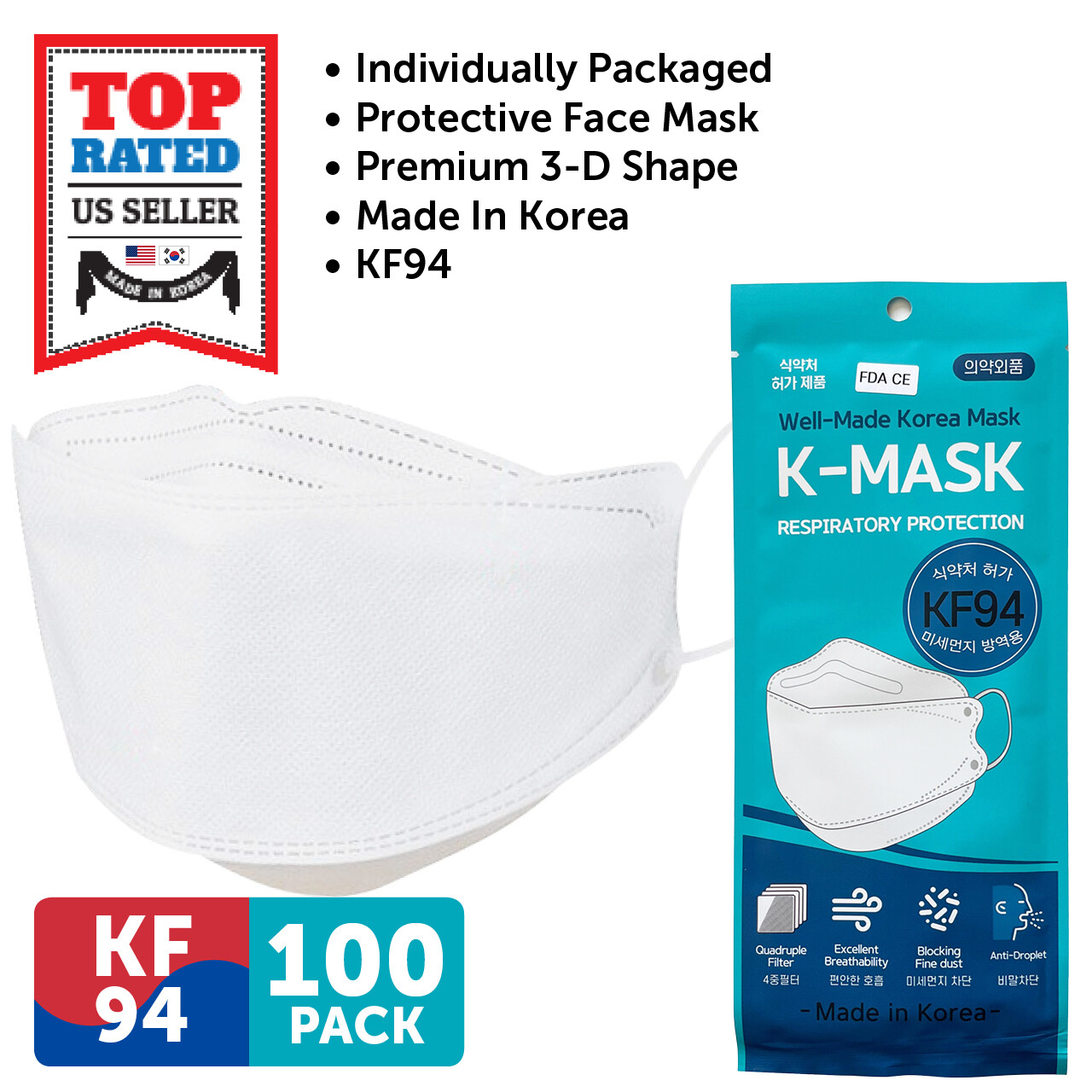 100 PCS KF94 WHITE Protective Safety Face Mask 4 Layer Adult Made in Korea 100 PCS KF94 WHITE Protective Safety Face Mask 4 Layer Adult Made in Korea