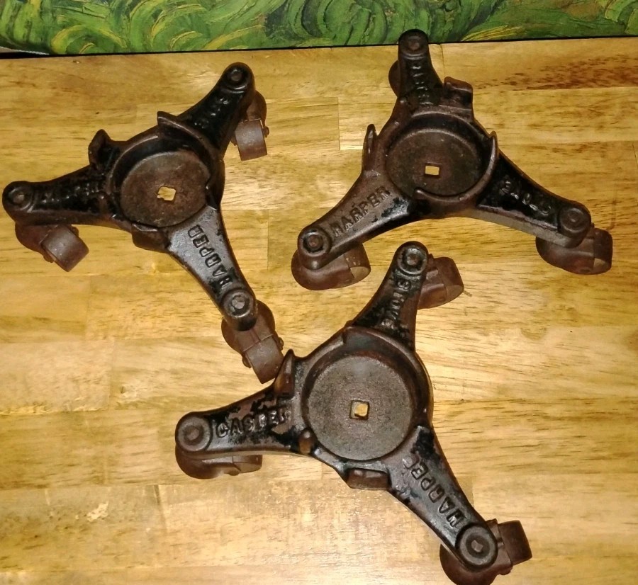 3 Antique Harper Handy Casters Cast Iron Three Wheel Industrial Salvage 3 Antique Harper Handy Casters Cast Iron Three Wheel Industrial Salvage