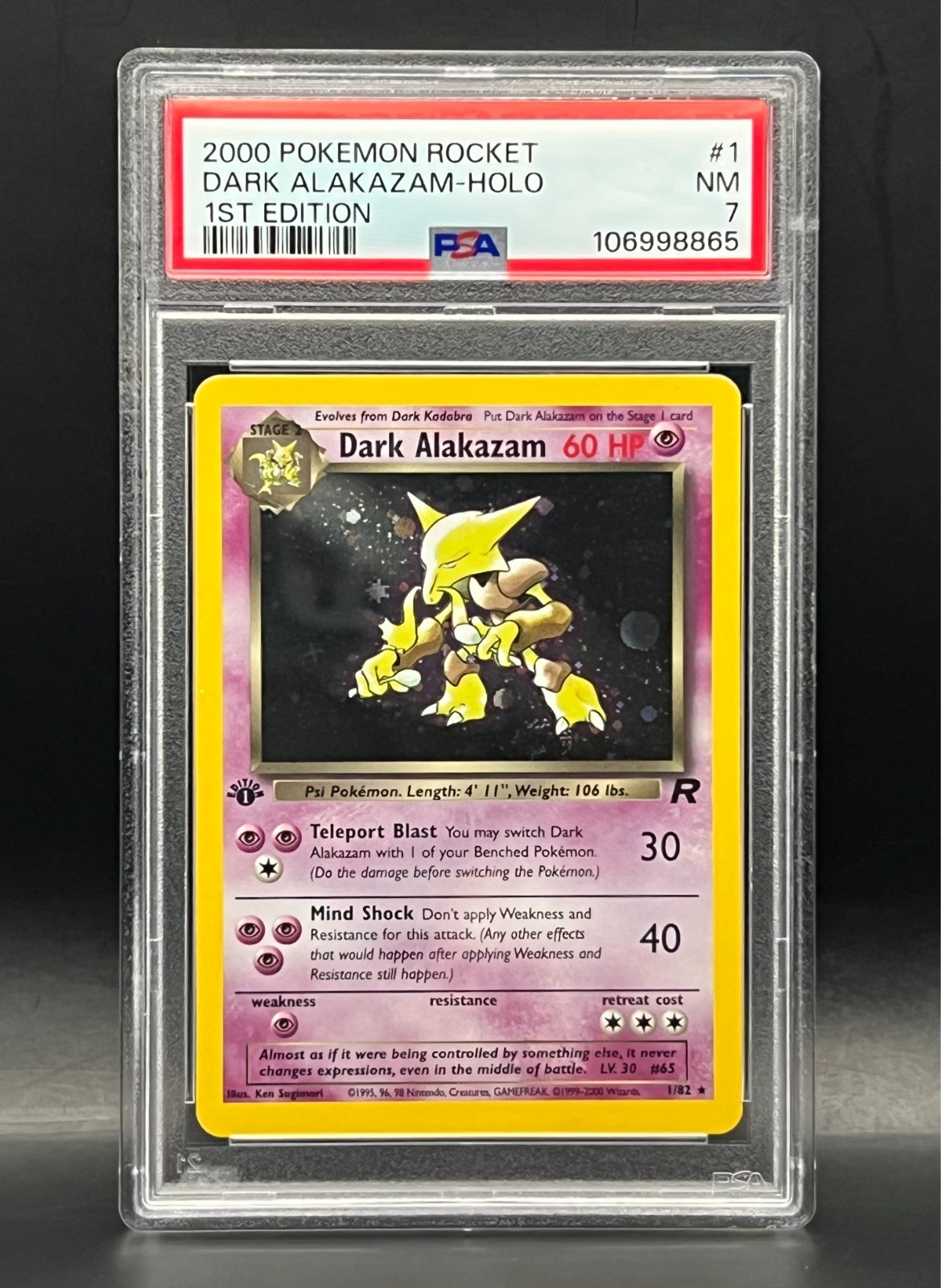 Dark Alakazam #1 Holo Rare - 1st Edition 2000 Pokémon Rocket-  PSA 7 NM