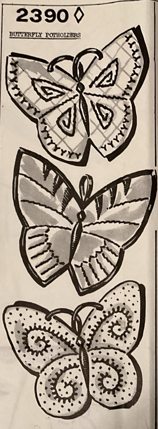 S2390 Vintage Pretty Butterfly Potholders pattern to sew/embroidery (repro) S2390 Vintage Pretty Butterfly Potholders pattern to sew/embroidery (repro)