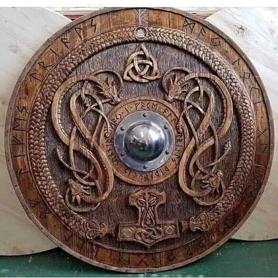 24 Inch Medieval Wooden Norse Carving Round Viking Shield Celtic Ornament Battle