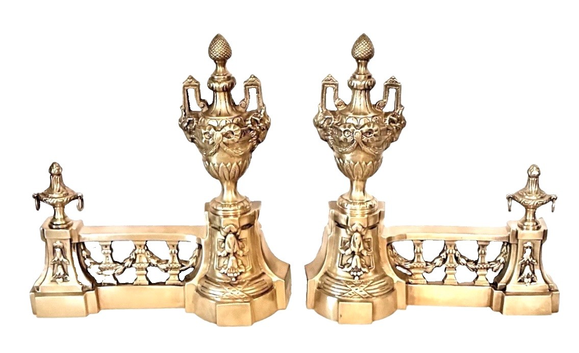 Vintage Castillan Louis XVI French Style Cast Brass Fireplace Andirons Chenets