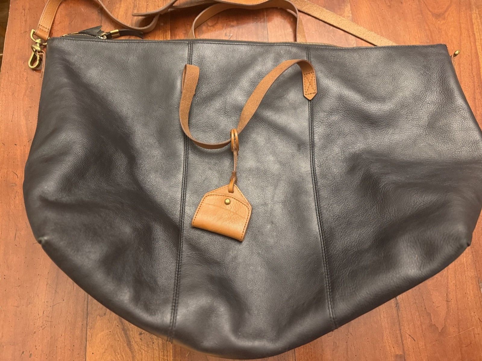 Madewell The Transport Weekender Bag Black Leather Brown Straps Travel Duffel