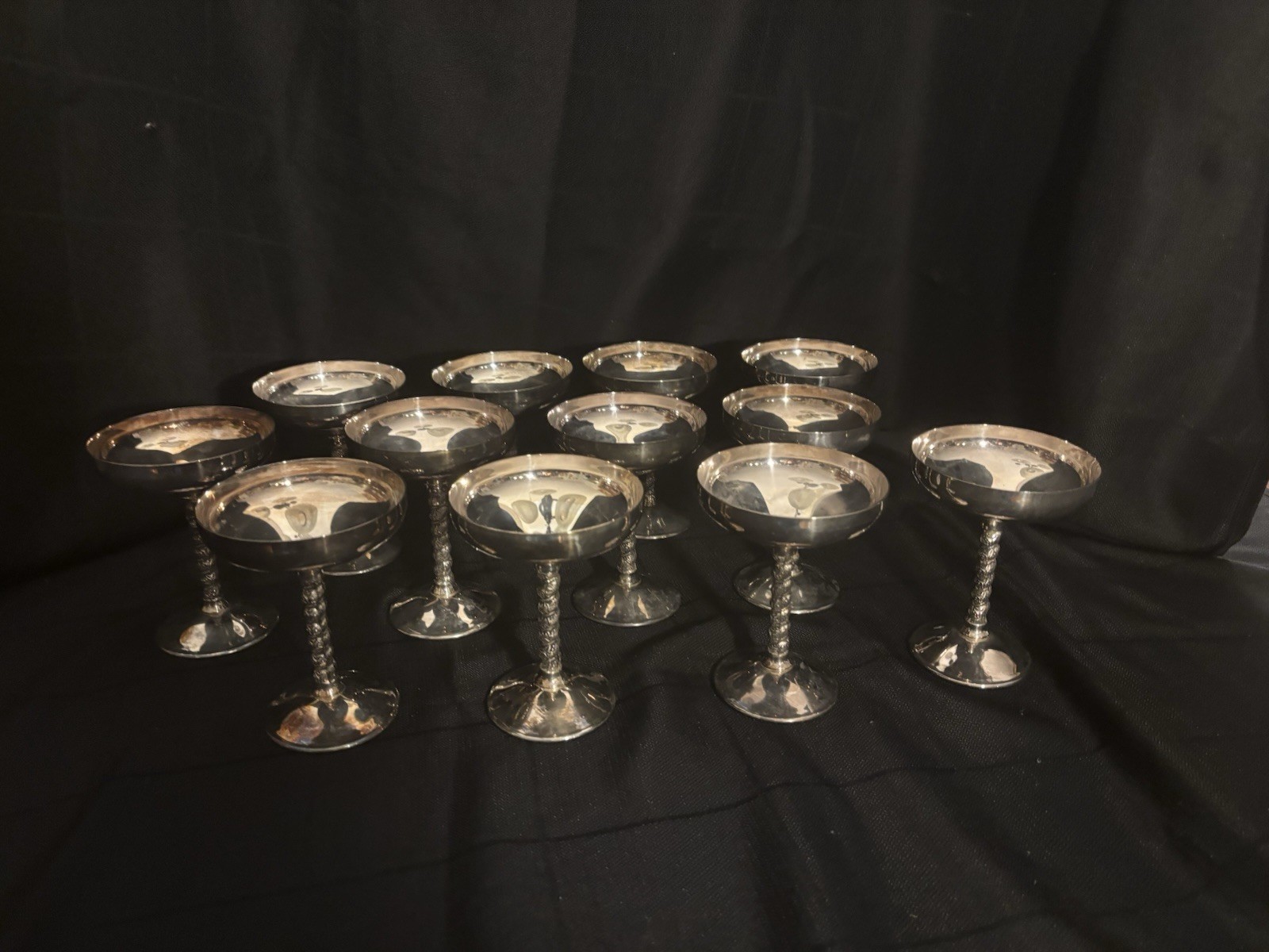 Set 12 Silver Color Twisted Stem Goblets Coupe Cups F B Roger’s silver plate VTG Set 12 Silver Color Twisted Stem Goblets Coupe Cups F B Roger’s silver plate VTG
