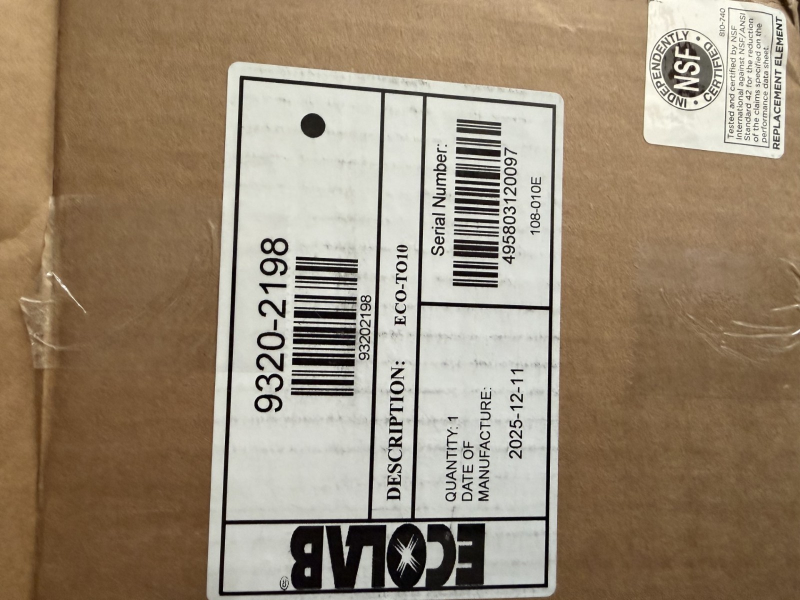 Ecolab ECO-TO10 Water Filtration Cartridge – P/N 9320-2198 – BRAND NEW