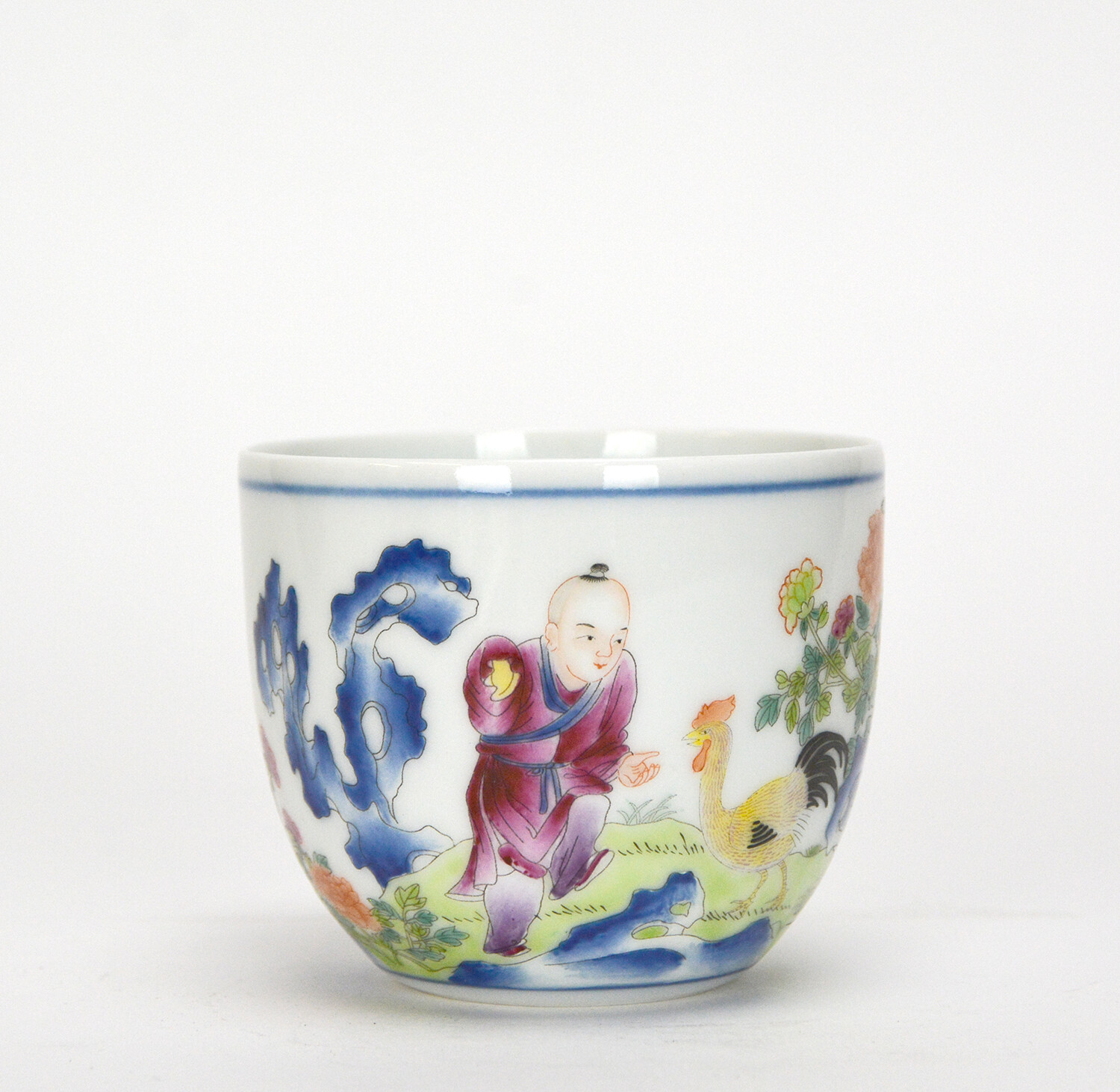 Rare Chinese Qing Qianlong MK Boy and Rooster Calligraphy Porcelain Cup