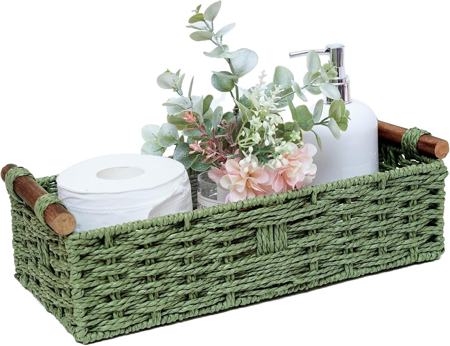 NEW Round Paper Rope Decorative Storage Bins Wicker Baskets with Handle Green NEW Round Paper Rope Decorative Storage Bins Wicker Baskets with Handle Green