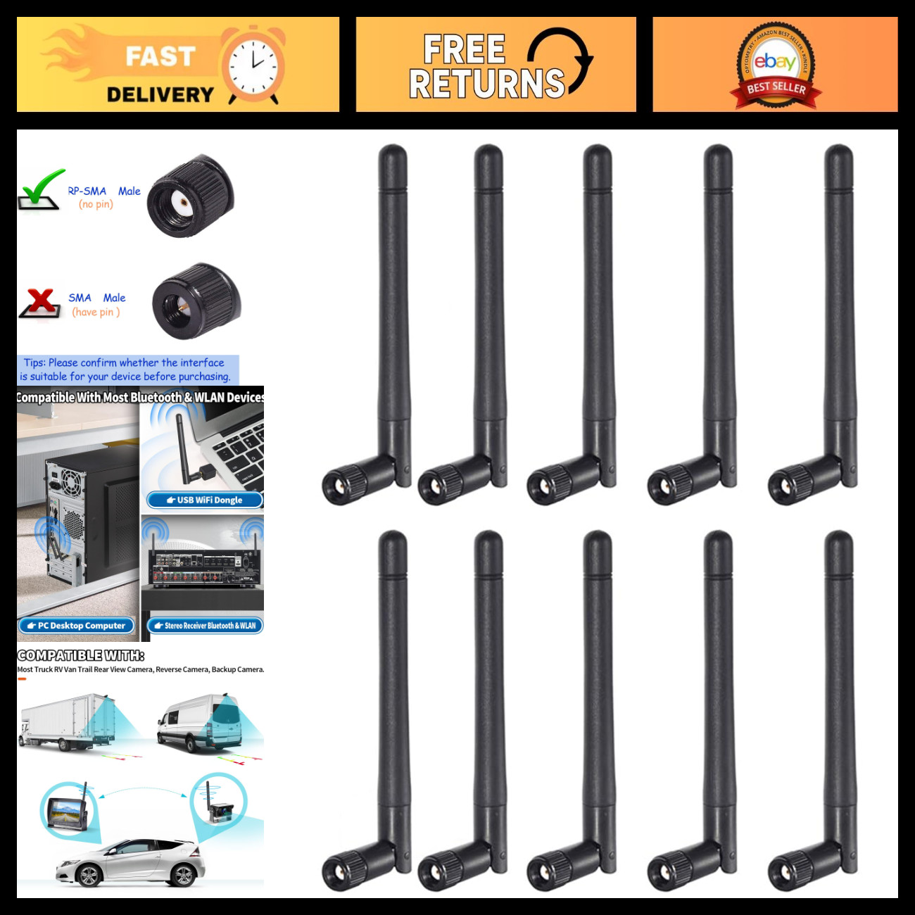Dual Band WiFi Antenna 2.4GHz 5GHz 3dBi MIMO RP-SMA Male (10-Pack) for Router, U