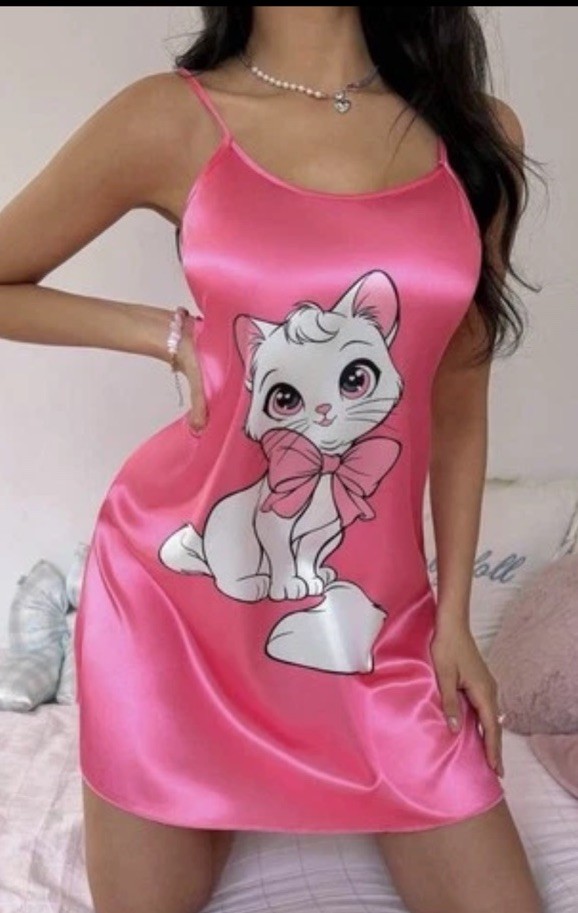 Glossy Hot Pink Satin Kitty Babydoll Cami Nightdress Dress Nightgown 1XL NEW Glossy Hot Pink Satin Kitty Babydoll Cami Nightdress Dress Nightgown 1XL NEW