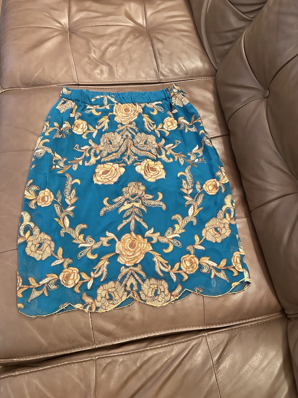 Anthropologie Yoana Baraschi Teal Blue & Metallic Gold Floral Pencil Skirt 2 Anthropologie Yoana Baraschi Teal Blue & Metallic Gold Floral Pencil Skirt 2