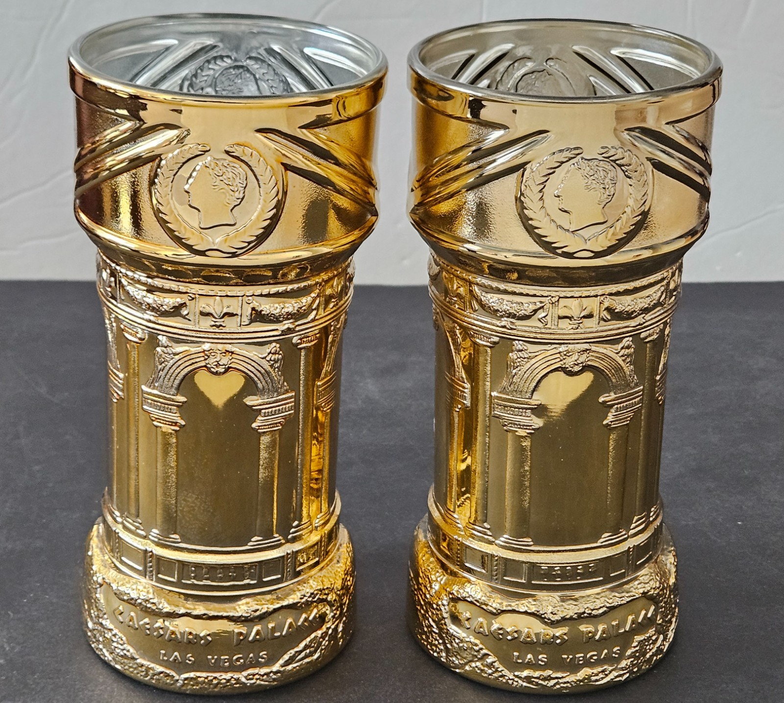 Two Vintage Caesar’s Palace Las Vegas Luminarc Gold Glass Tumblers