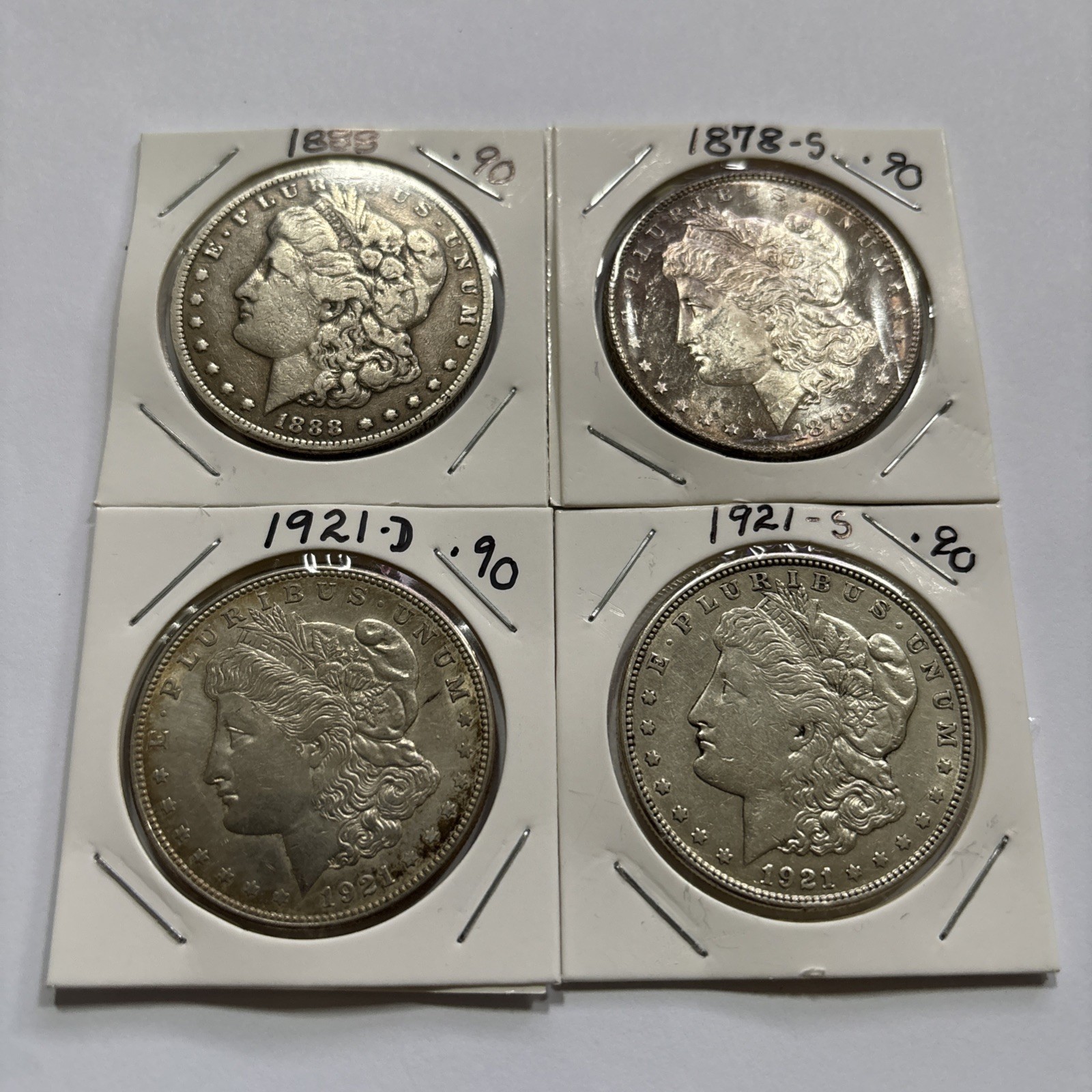 4 Morgan Silver Dollar Lot 1878-S 1888 1921-D 1921-S 90% Silver Actual Coins