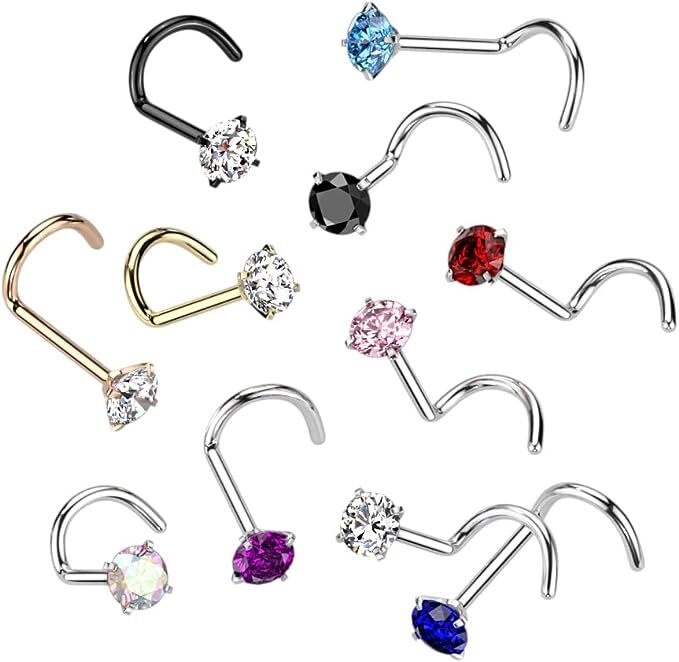 4-11PCS 18G 20G Implant Grade Titanium Nose Stud Screw Ring Prong Setting 2mm CZ