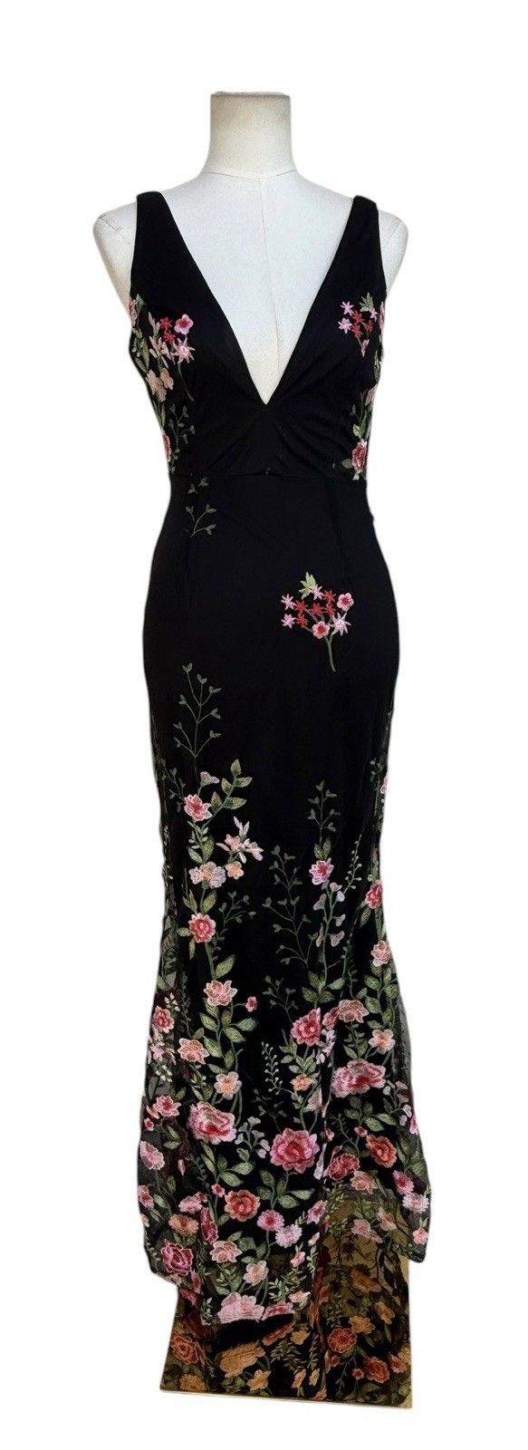 Lulus Black Floral Embroidered Mesh Maxi Dress Deep V Low Back XS
