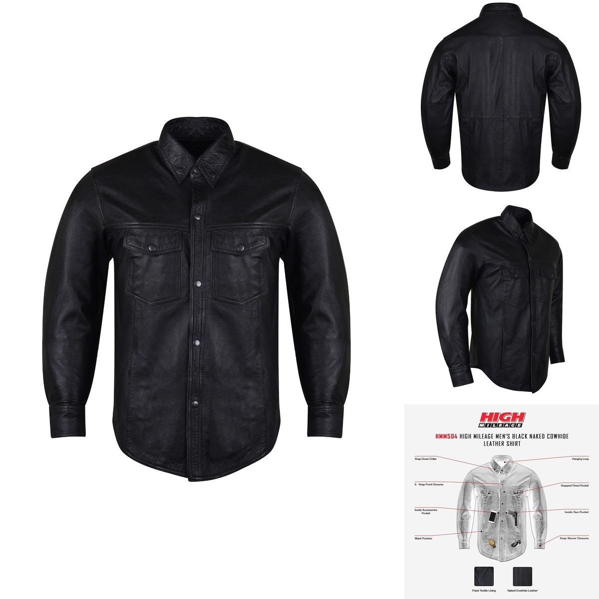 Vance Leather HMM504 Men\'s Concealed Carry Black Leather Biker Shirt XL