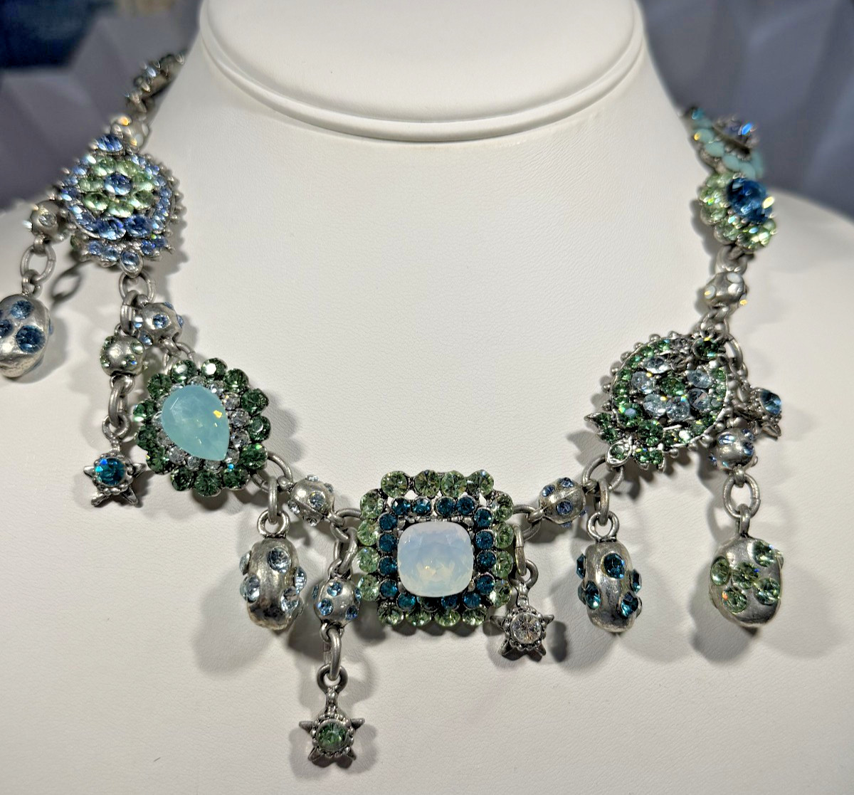Designer Statement Necklace- RODRIGO OTAZU Swarovski Crystal GREENS/BLUE  17”