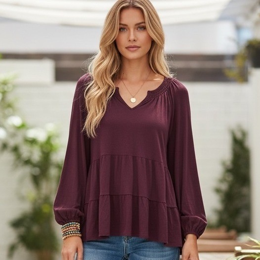 Wonderly Julianna Crepe Tiered Blouse Redrust Burgundy V-Neck Boho Romantic XL