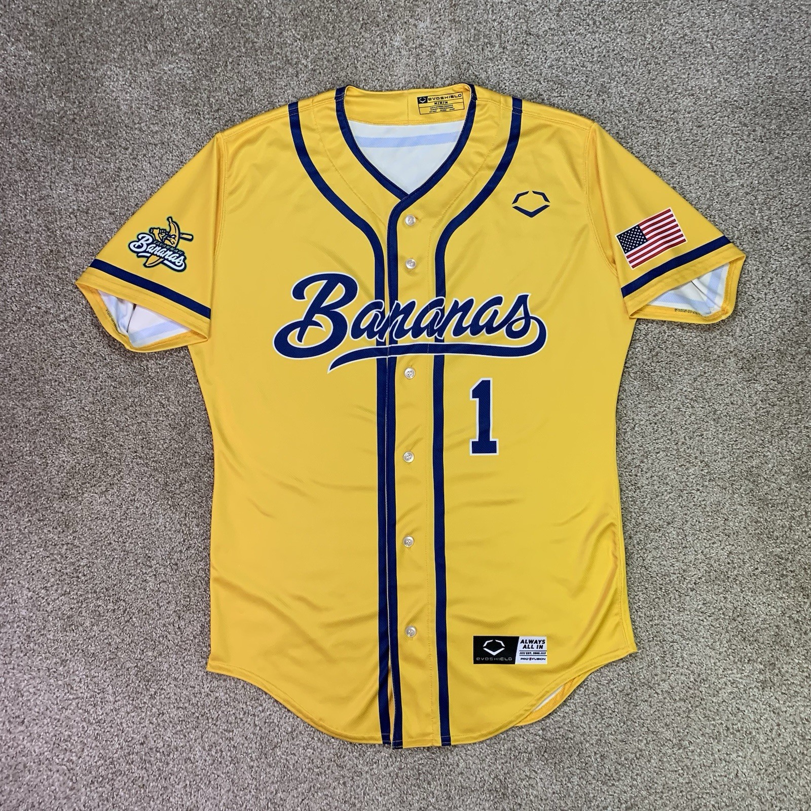 Savannah Bananas Jersey Mens M #1 Yellow Baseball Button Shirt EvoShield BBCL