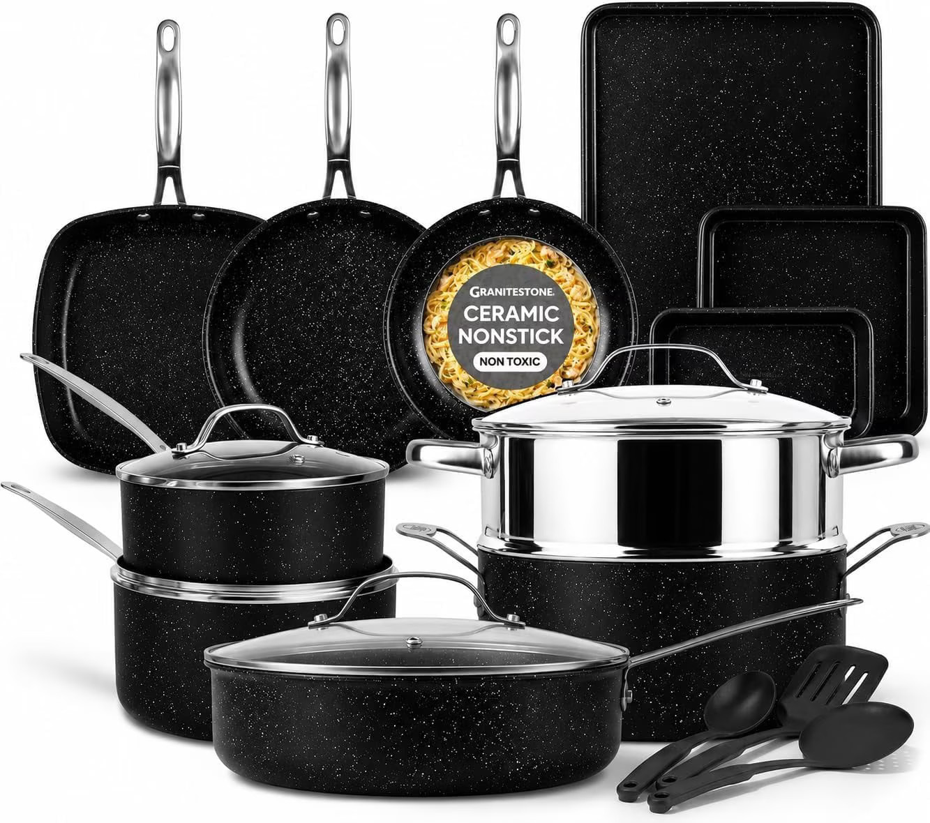 GraniteStone Granitestone 20 Pc Cookware Set Nonstick Ceramic Black Oven Safe