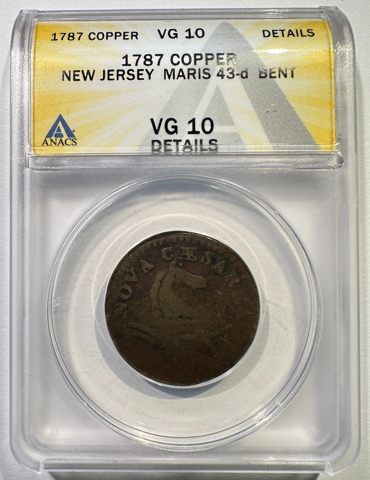 1787 New Jersey Coppper Colonial Maris 43-d Bulbous Nose ANACS VG-10 Details