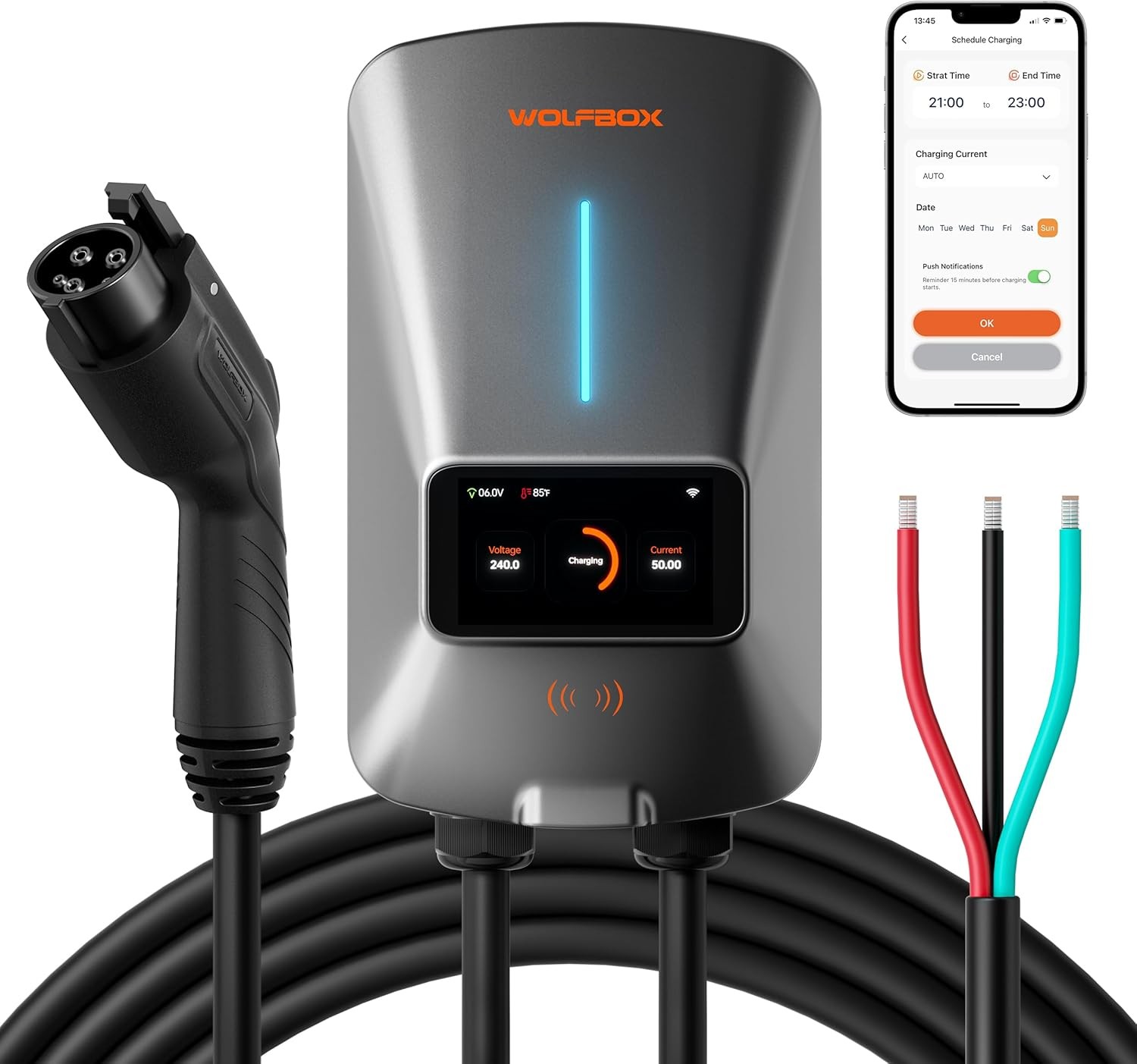 WOLFBOX Level2 EV Charger WiFi 50A Smart Display 240V Electric Charging Station