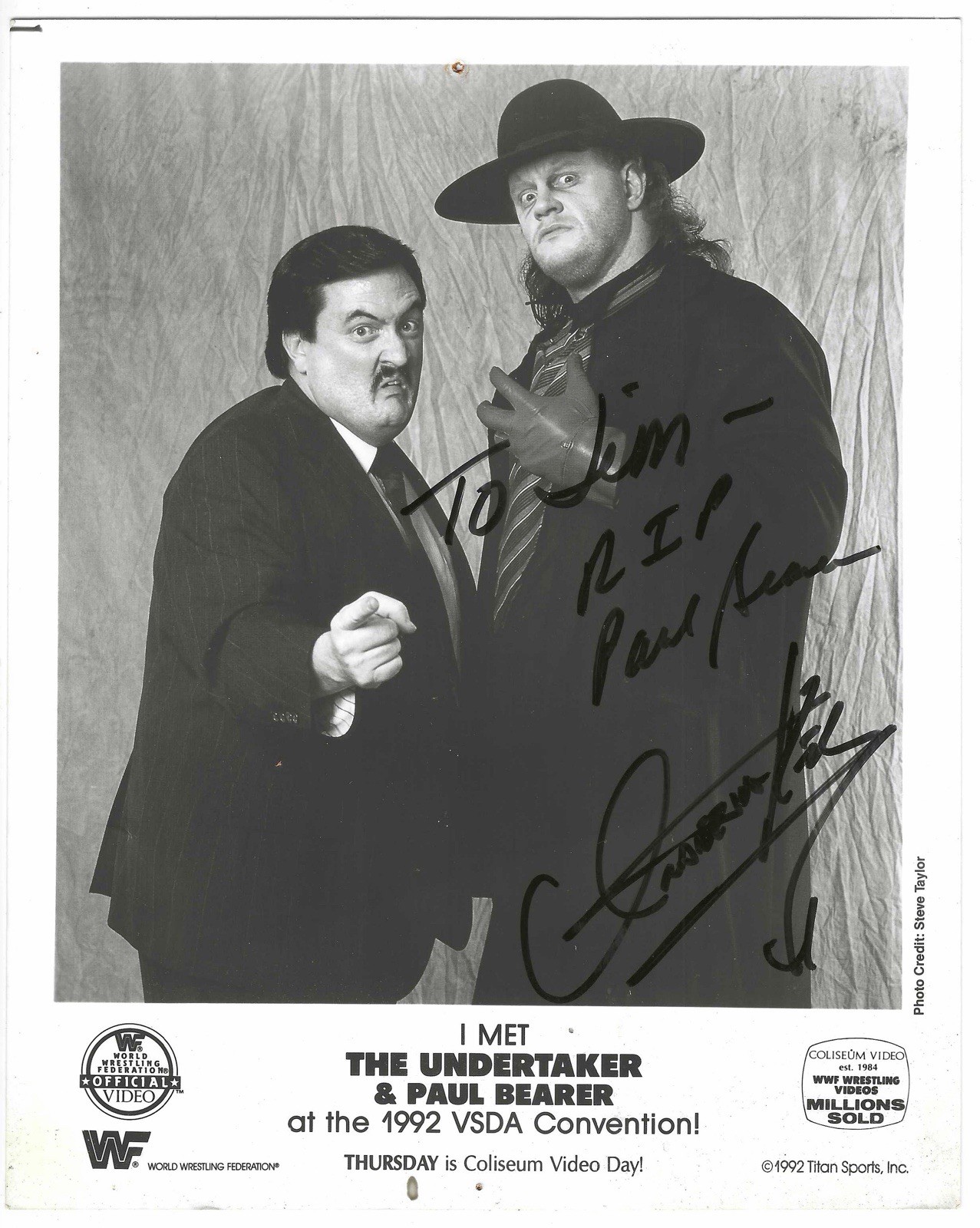 Original BW 8x10 photo double autographed by Paul Bearer & The Undertaker.