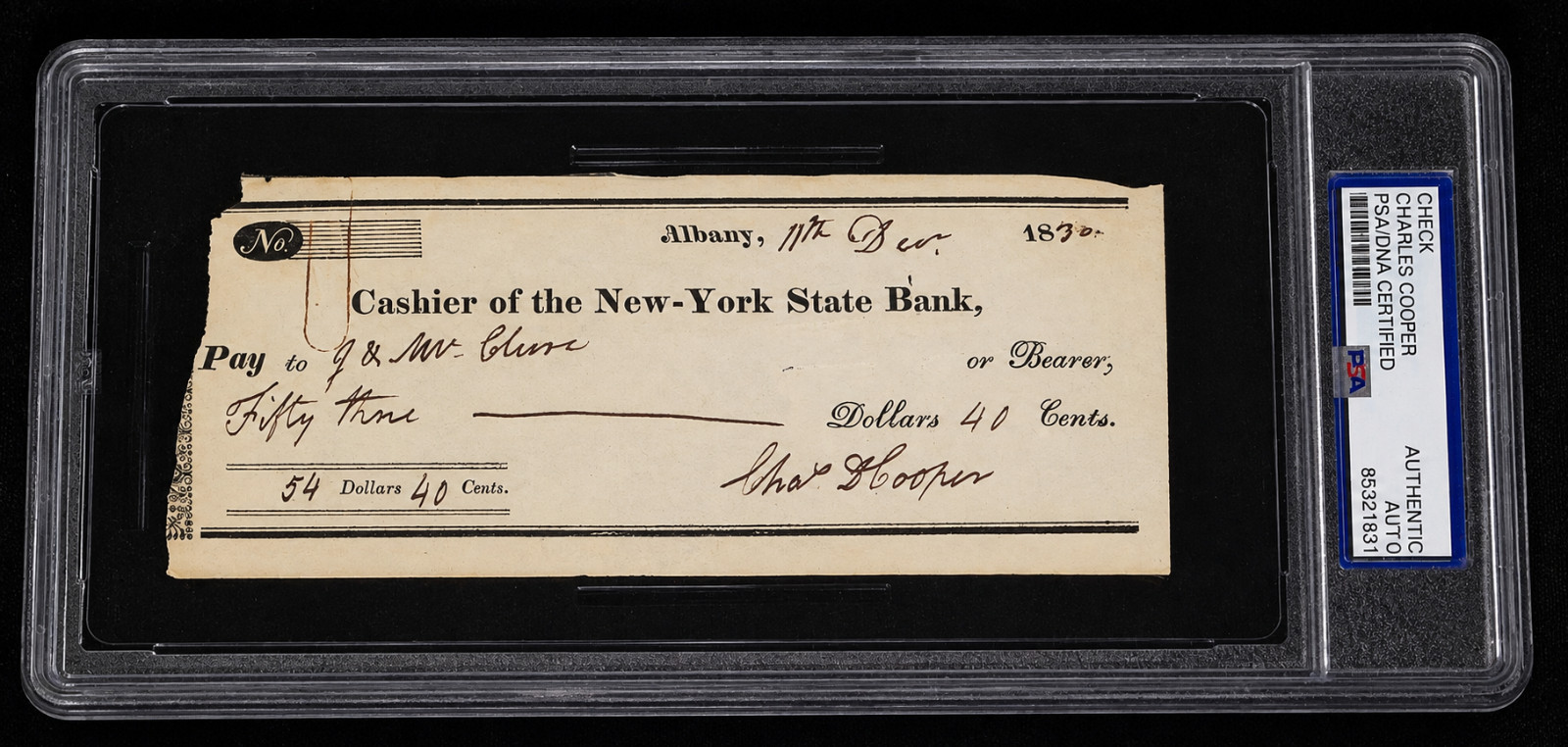 Alexander Hamilton-Burr duel Instigator Signed Charles D. Cooper Check Auto PSA