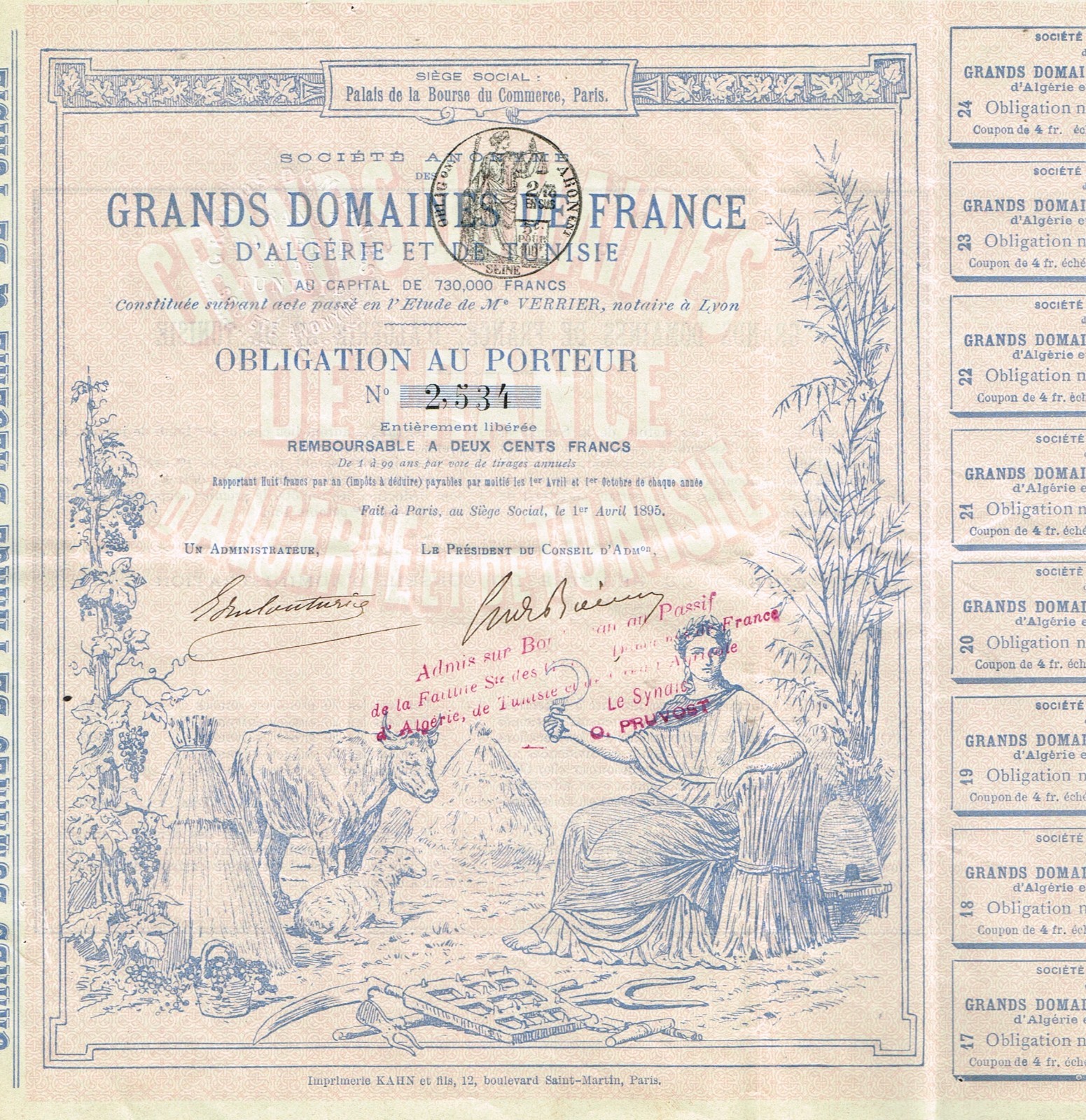 AFRICA LARGE FRENCH ESTATES OF ALGERIA & TUNISIA SOCIETY stock certificate/bond