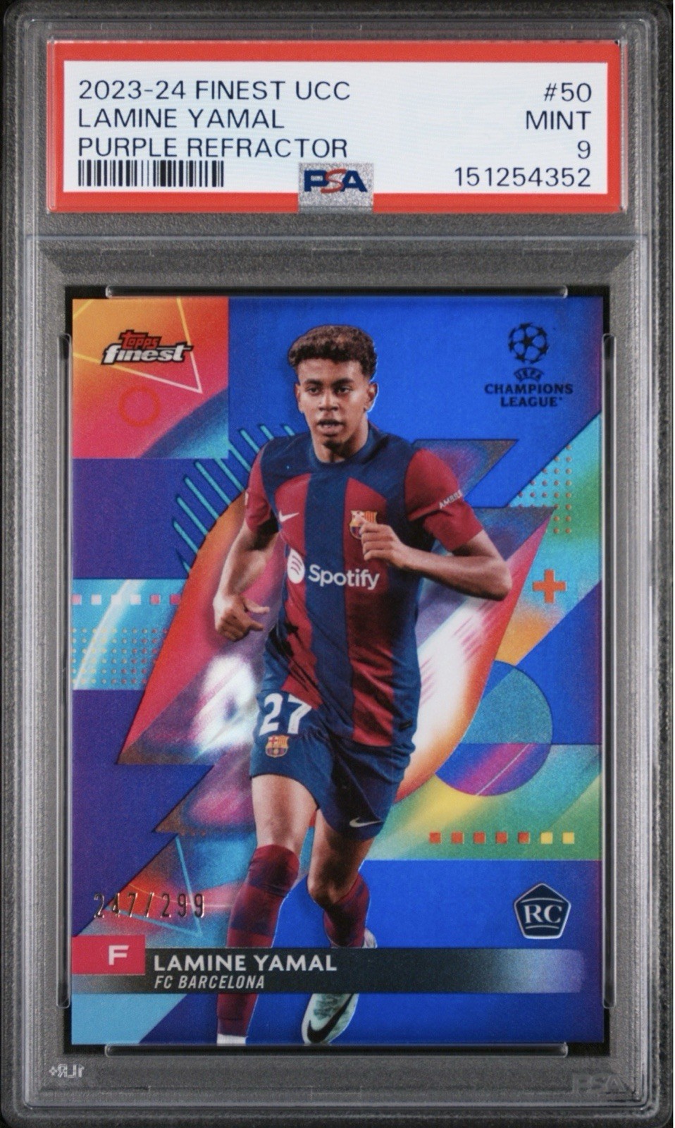 2023-24 Topps Finest UCC Lamine Yamal RC #50 Purple Refractor /299 PSA 9 MT