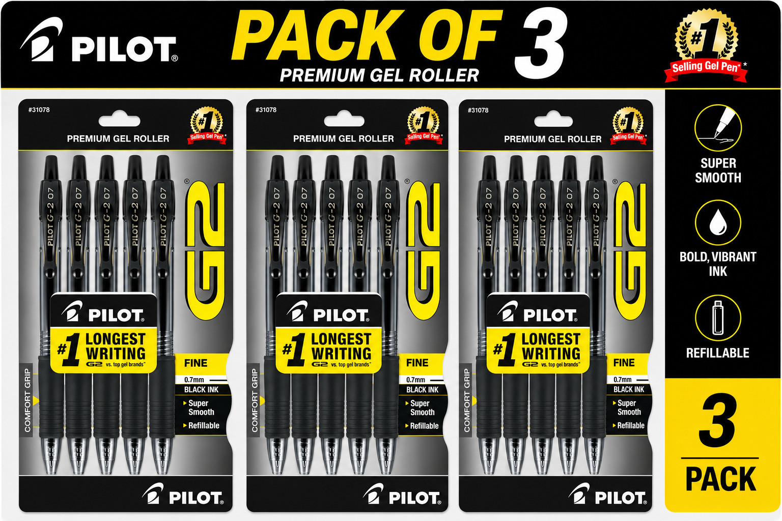 Pilot G2 Premium Gel Pens, Black Pens, Fije Point 0.7mm, Black (pack of 3)