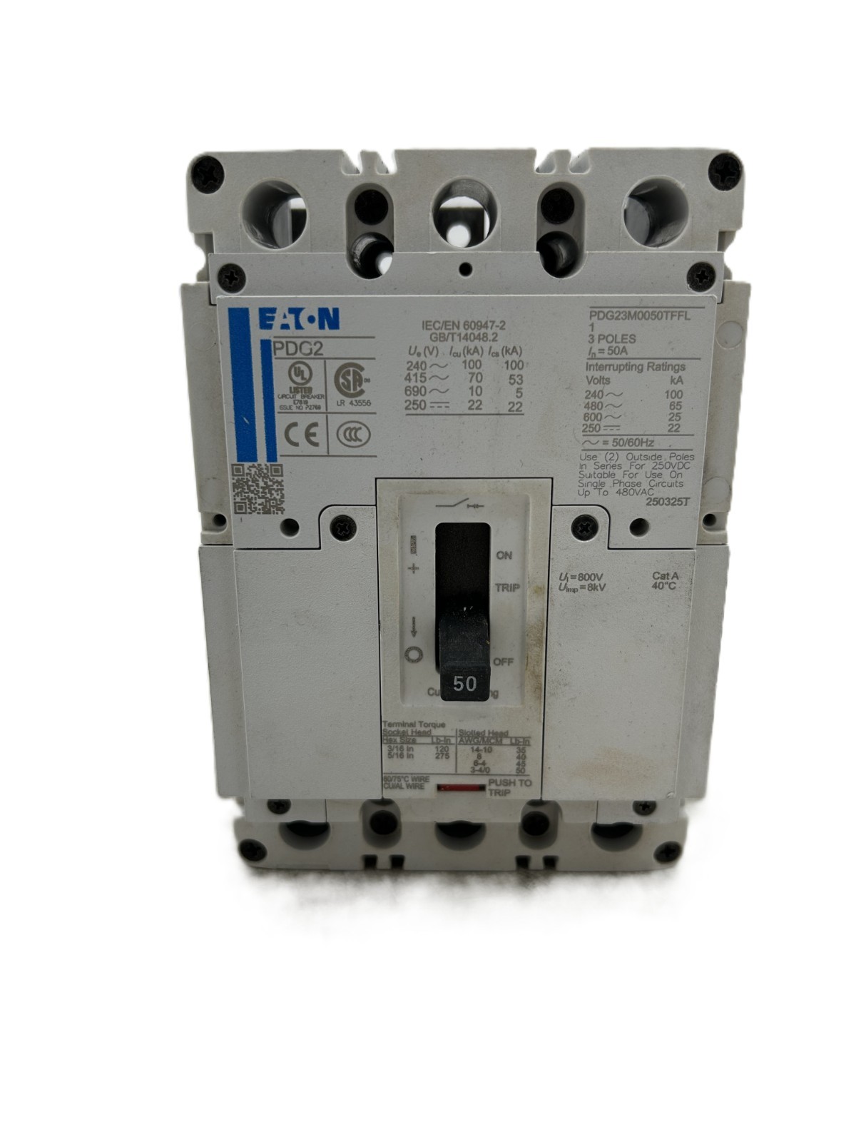 Eaton PDG23M0050TFFL Circuit Breaker 50A 3-Pole 600VAC Eaton PDG23M0050TFFL Circuit Breaker 50A 3-Pole 600VAC