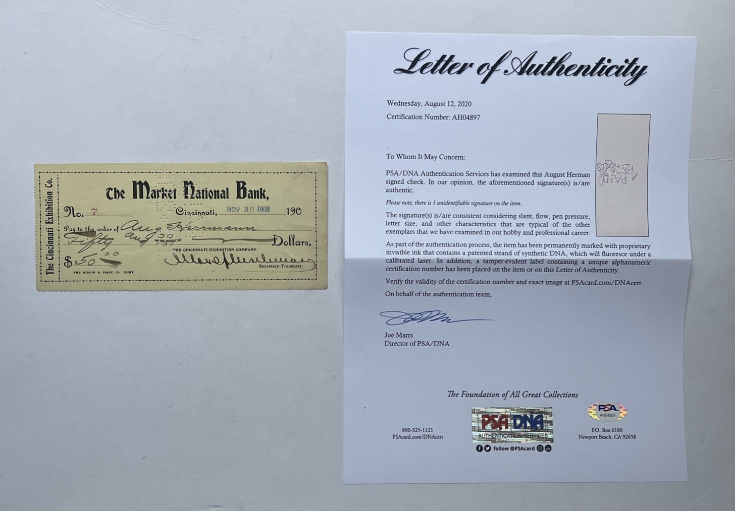1908 Cincinnati Reds Check Signed by August Hermann PSA Died 1931