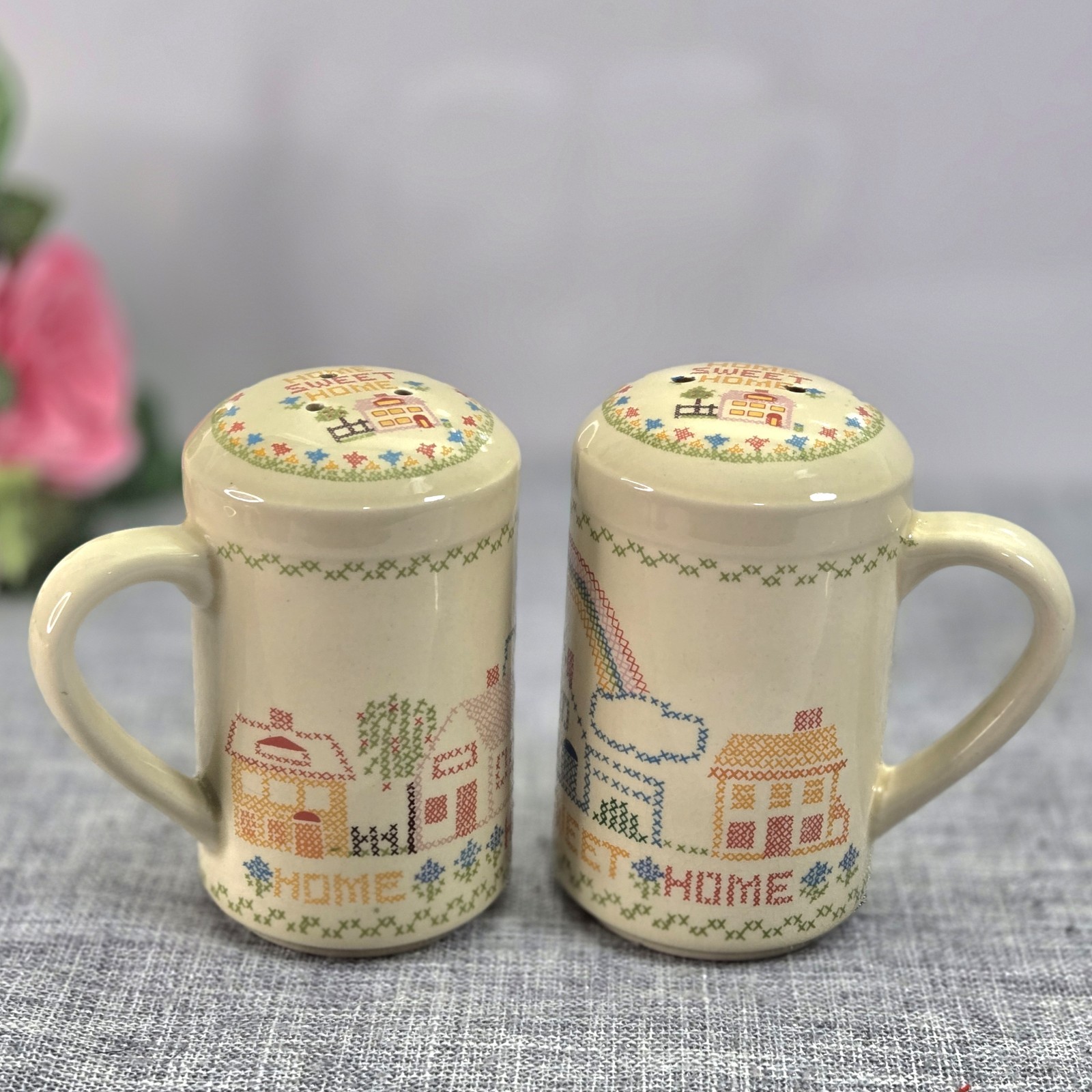 Vintage 1982 Enesco Brandywine Home Sweet Home Salt Pepper Shakers Cross Stitch