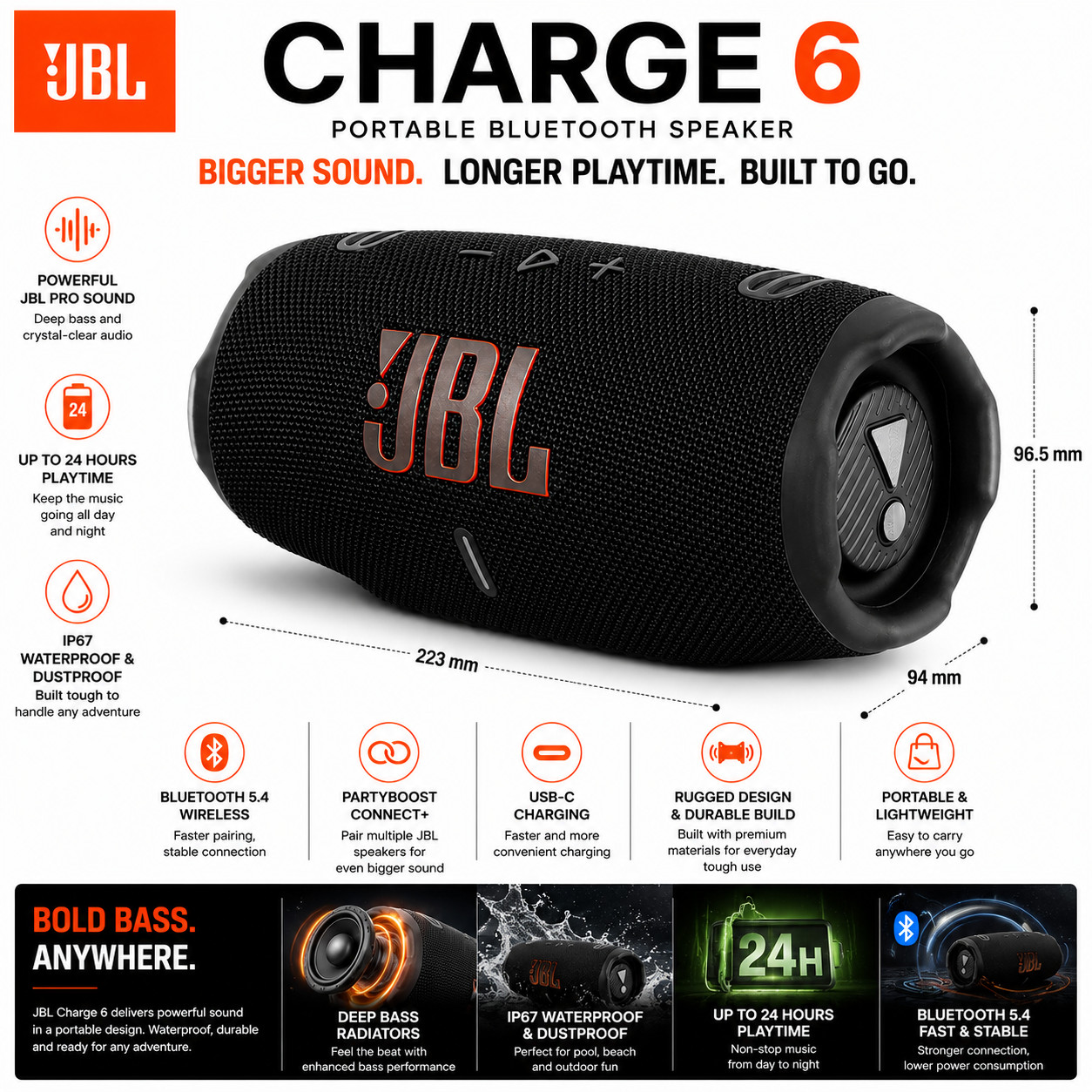 Portable JBL Charge 6 Bluetooth Speaker Wireless Loud Bass Waterproof Music HiFi